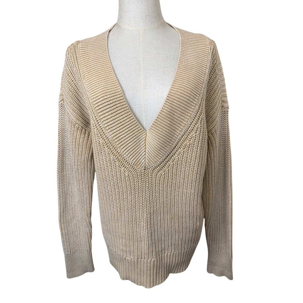 Aerie Womens XS Tan White Marled V-Neck Chunky Knit Cotton Sweater Pullover